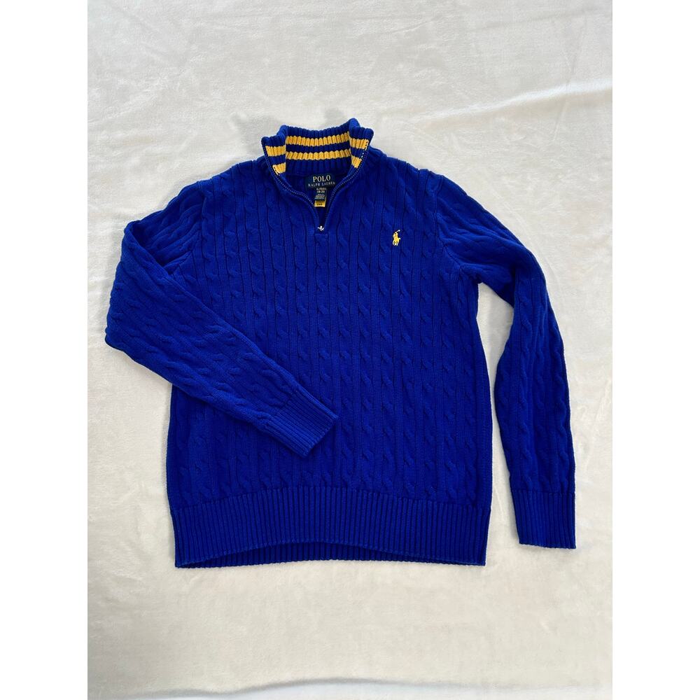 Polo Ralph Lauren Boy's XL Blue Knit Quarter Zip Sweater with Yellow Stripes XC! - Picture 2 of 8